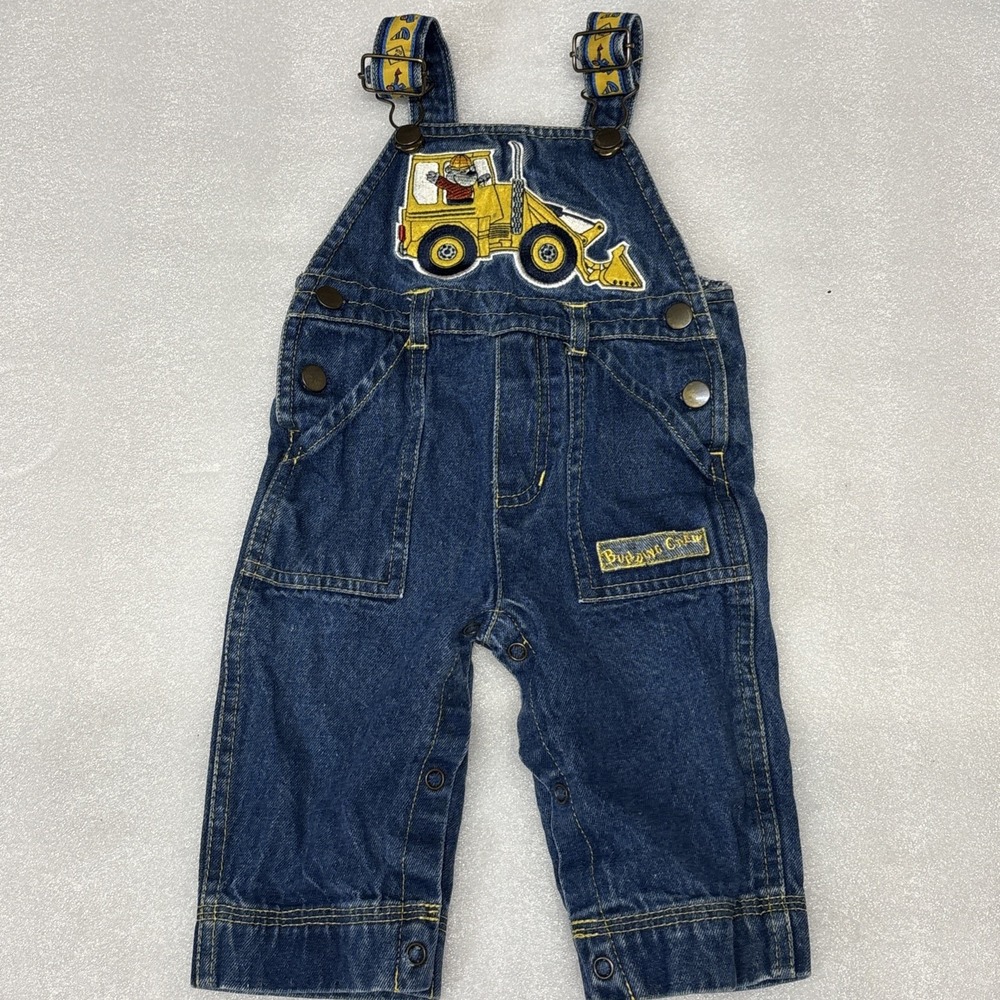 Vintage Truck Denim Overalls 6/9 Months Baby Boy Front Loader Embroidered